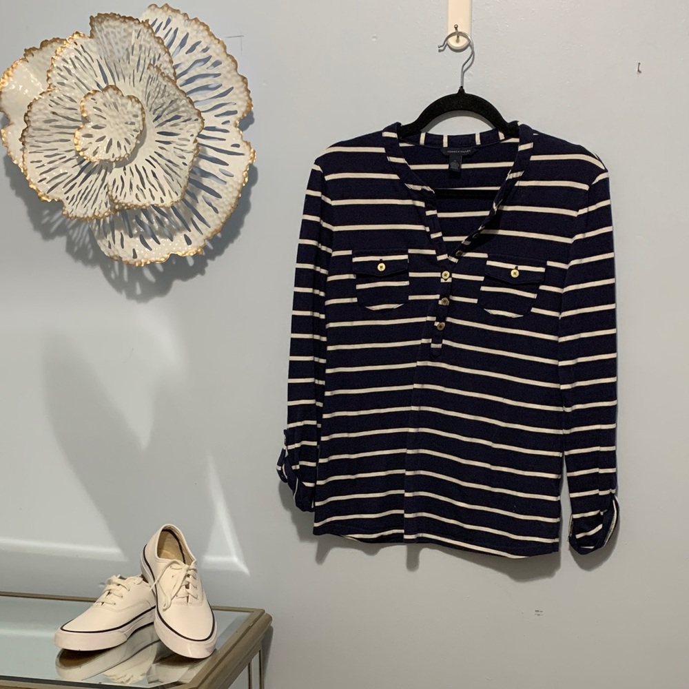 Tommy Hilfiger navy and White striped shirt, size medium